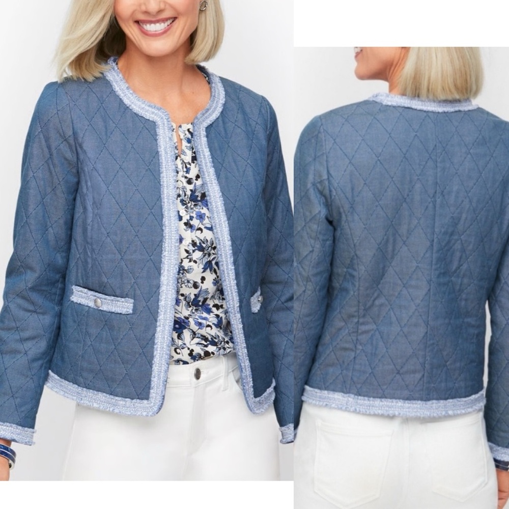 Talbots Fringe Quilted Chambray Jacket Size 18